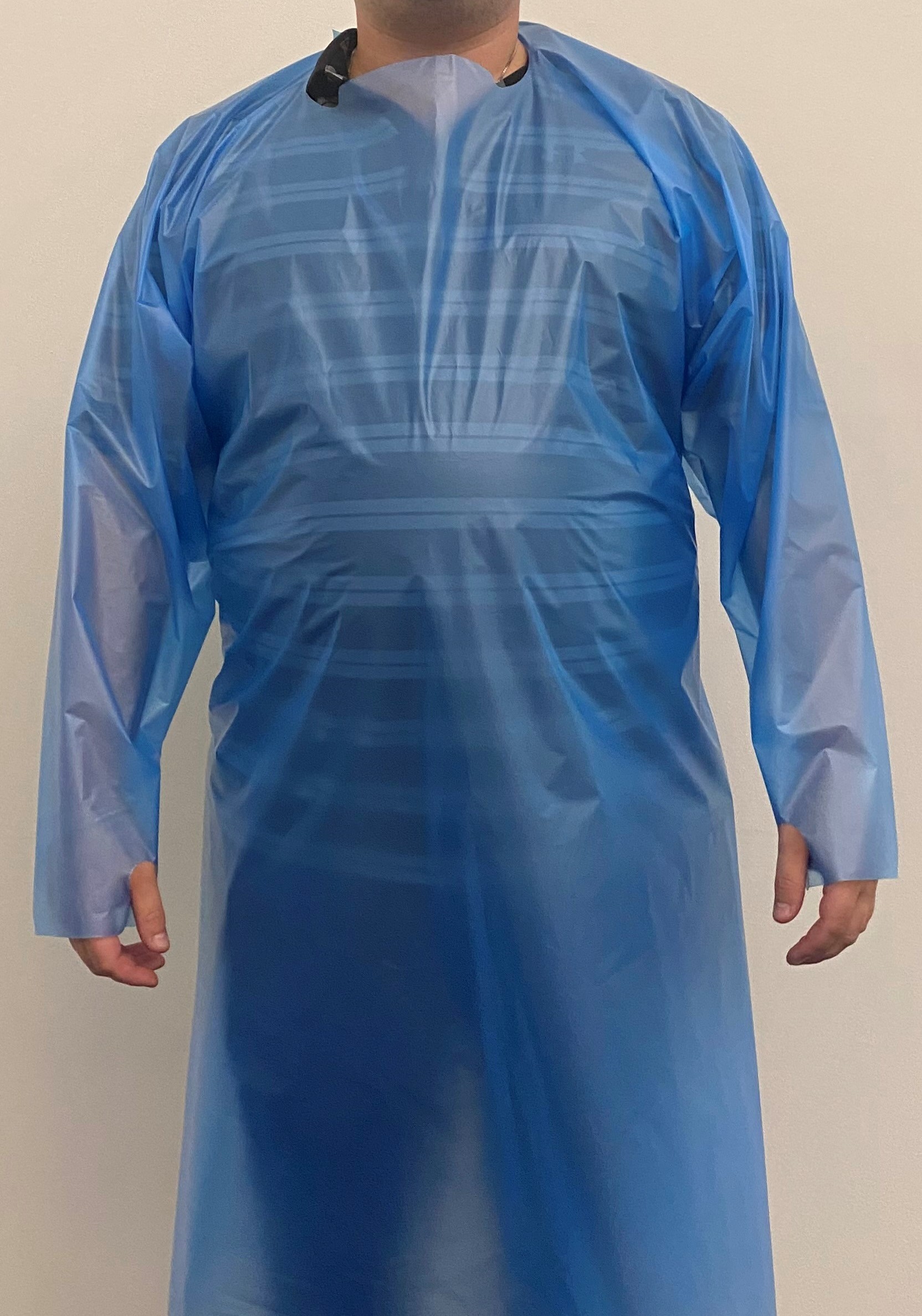 SGL204Z Shawmut Protex™ Single-Use  Over-the-Head PE Non-Surgical Blue Isolation Gowns with Thumb Holes